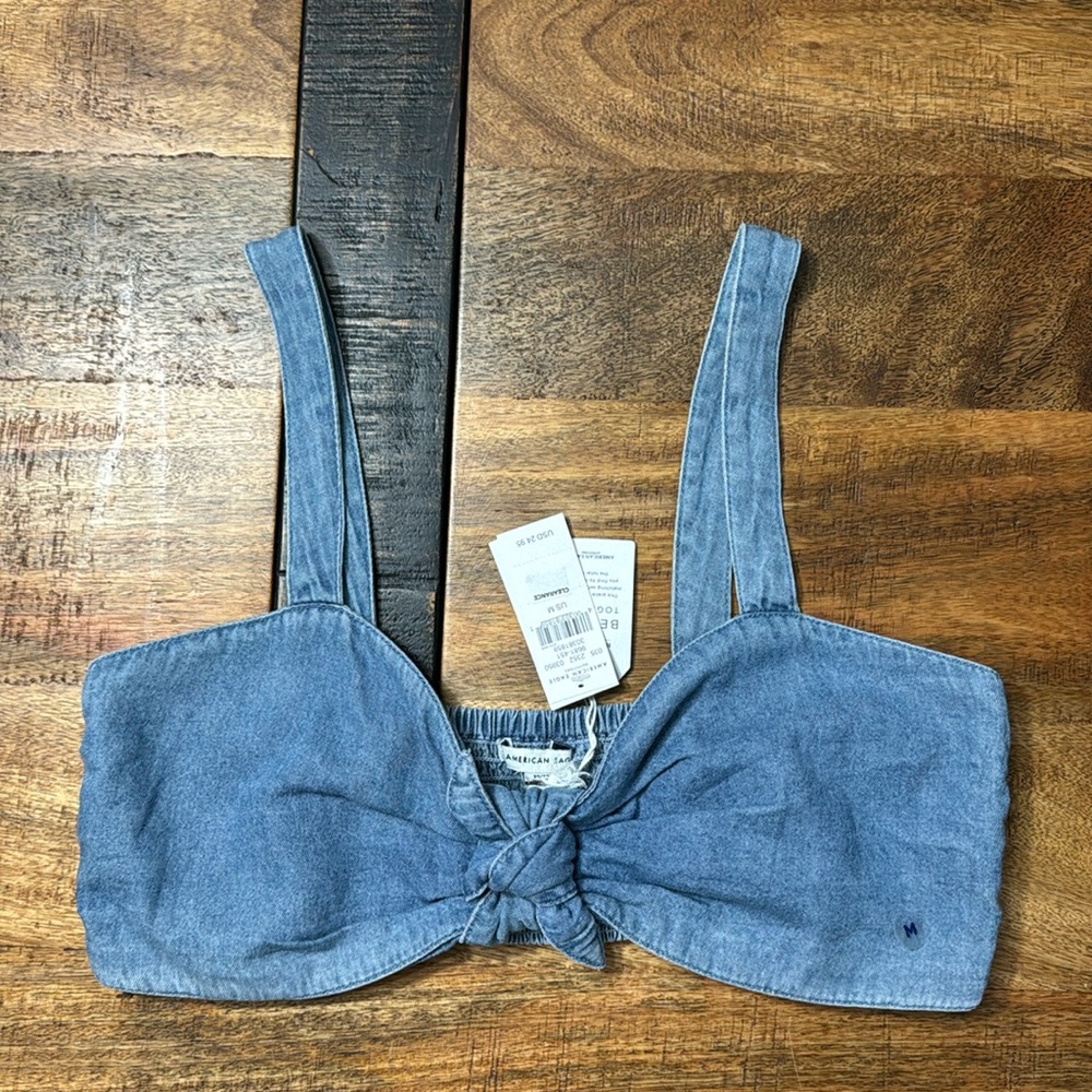 American Eagle denim bustier crop bow halter strap top